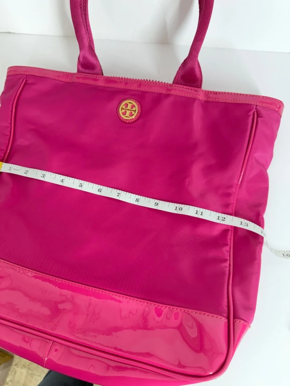 Tory Burch Womens Nylon Tote Bag Hot Pink Patent Trim Handbag Travel Work Casual